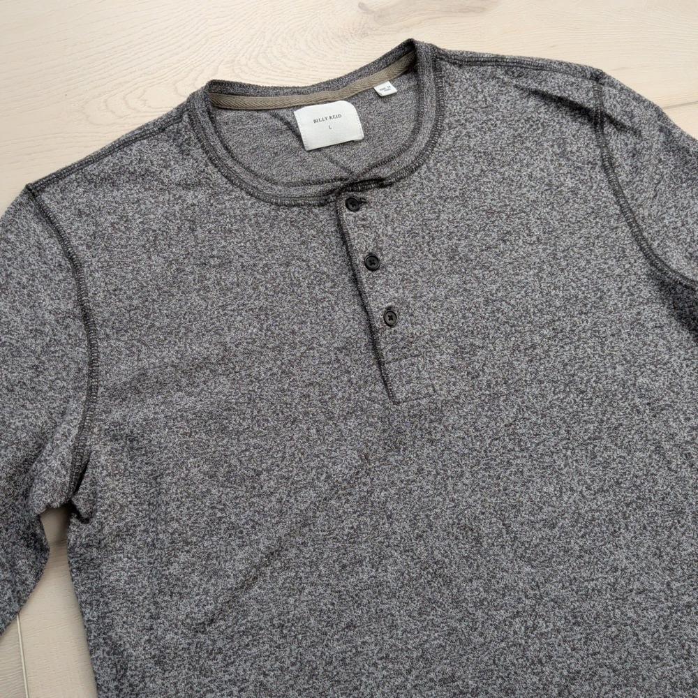 Billy Reid Mens Henley Shirt Large Charcoal Gray Heather Long Sleeve Elbow Patch